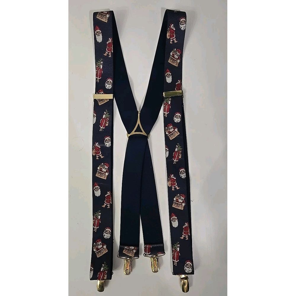 Vtg W GERMANY Mens Navy Blue Red SANTA PRINT Elastic SUSPENDERS Gold Clips